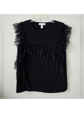 SCRIPTED | Tulle Ruffles Shirt Top Black Cotton Sz LARGE